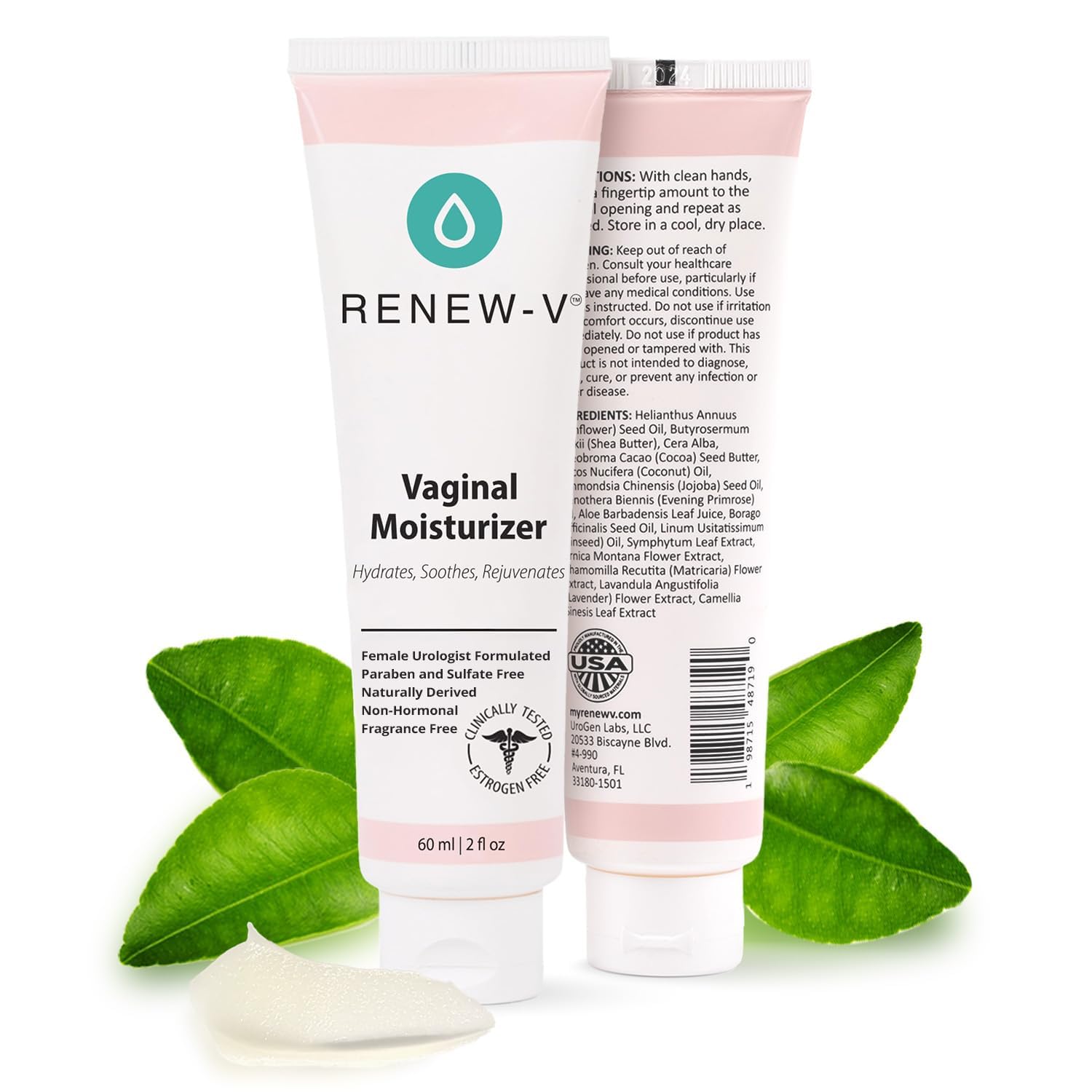 Renew-V vaginal moisturizer bottle closeup showing hydration for intimate skin