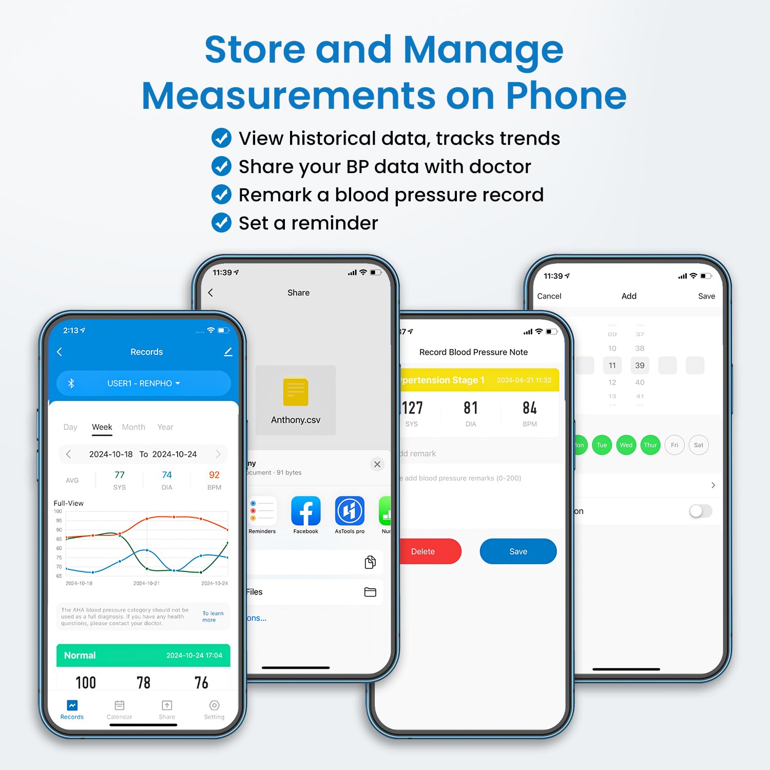 RENPHO BP Monitor app dashboard showing history and charts