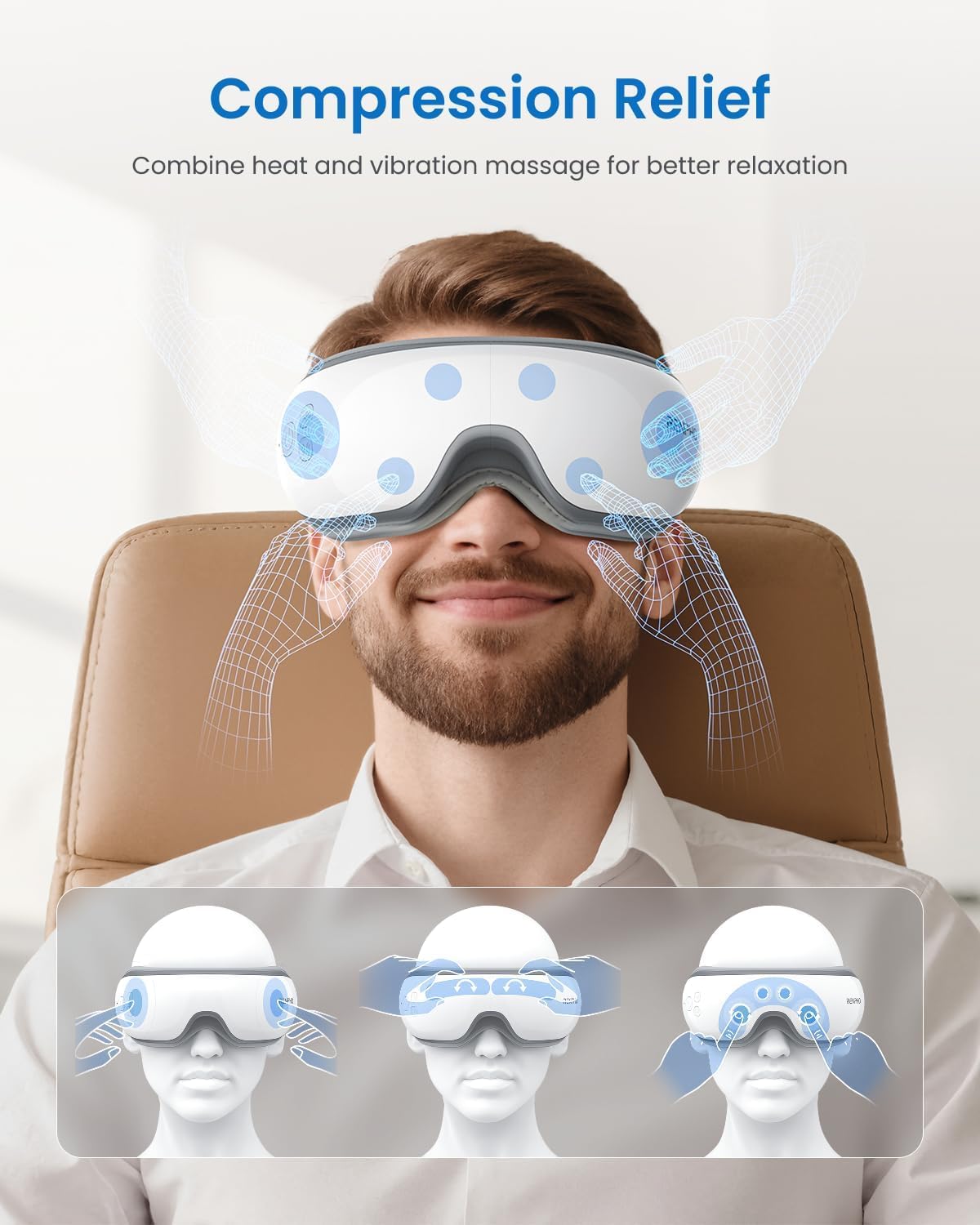 RENPHO eye massager with adjustable headband for comfortable fit.