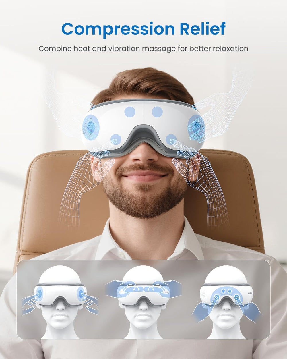 RENPHO eye massager with adjustable headband for comfortable fit.