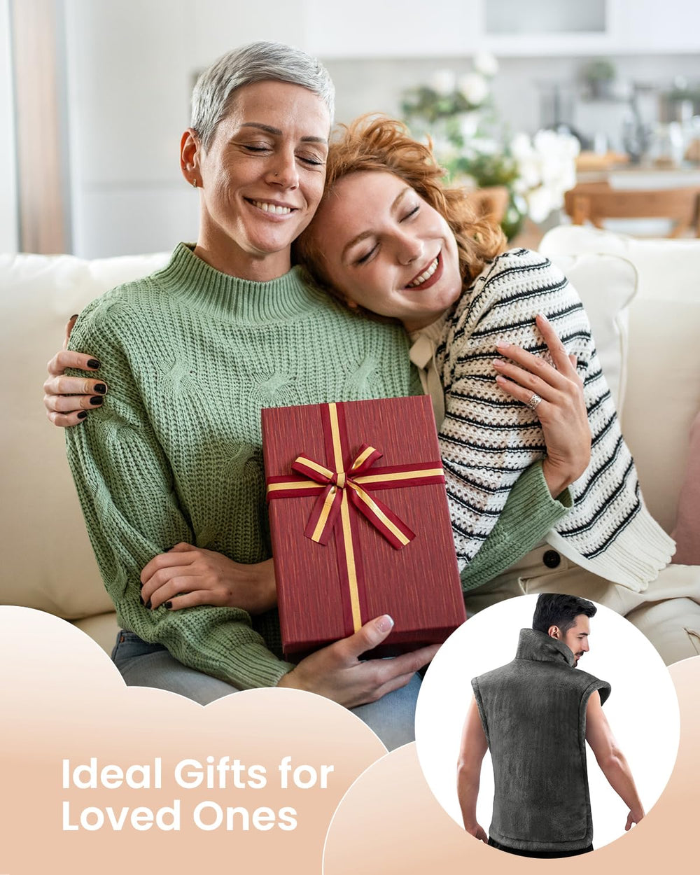 RENPHO heating pad 24x37 layout envelops shoulders and back for even warmth.