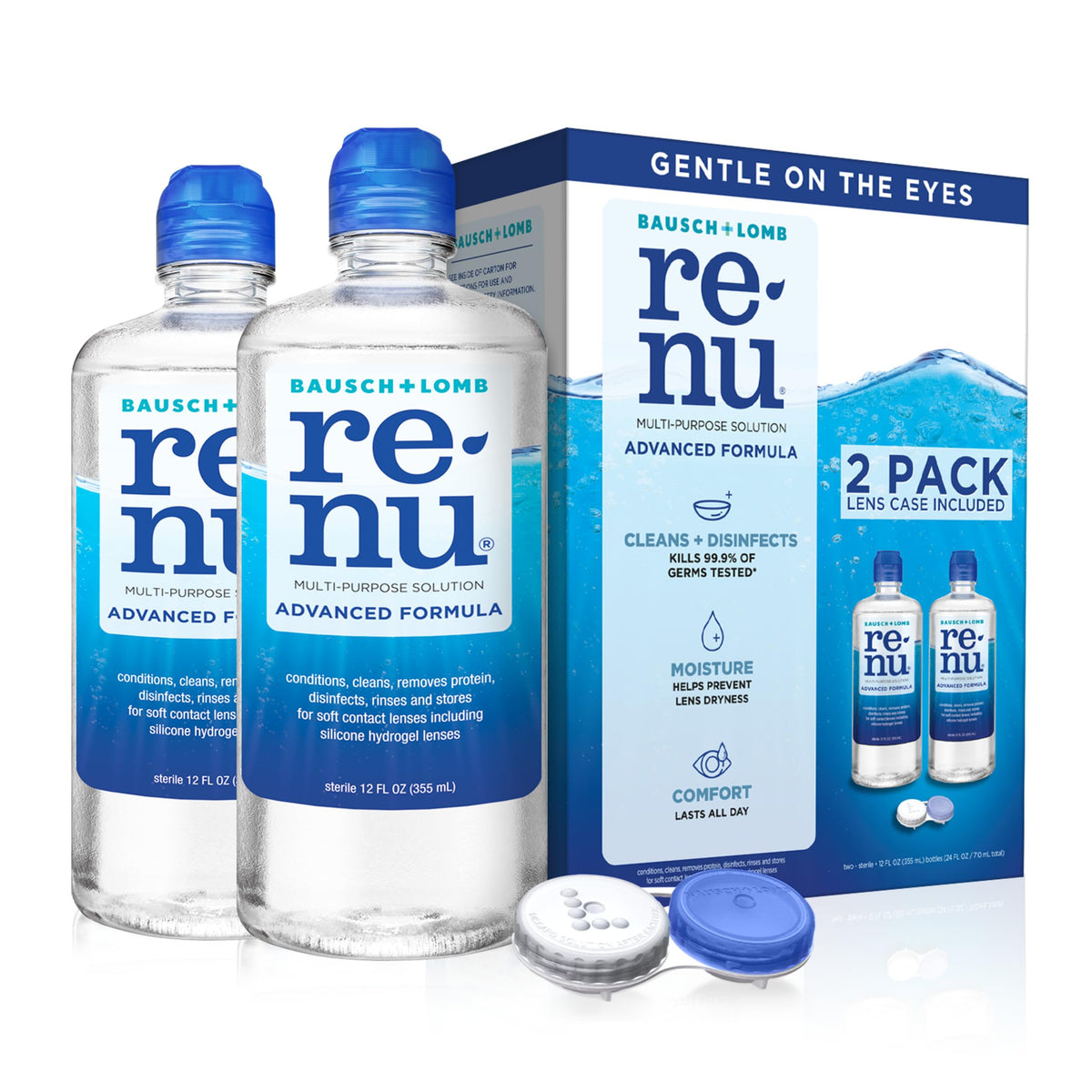 Renu Advanced Formula bottle demonstrates extended moisture and easy daily use