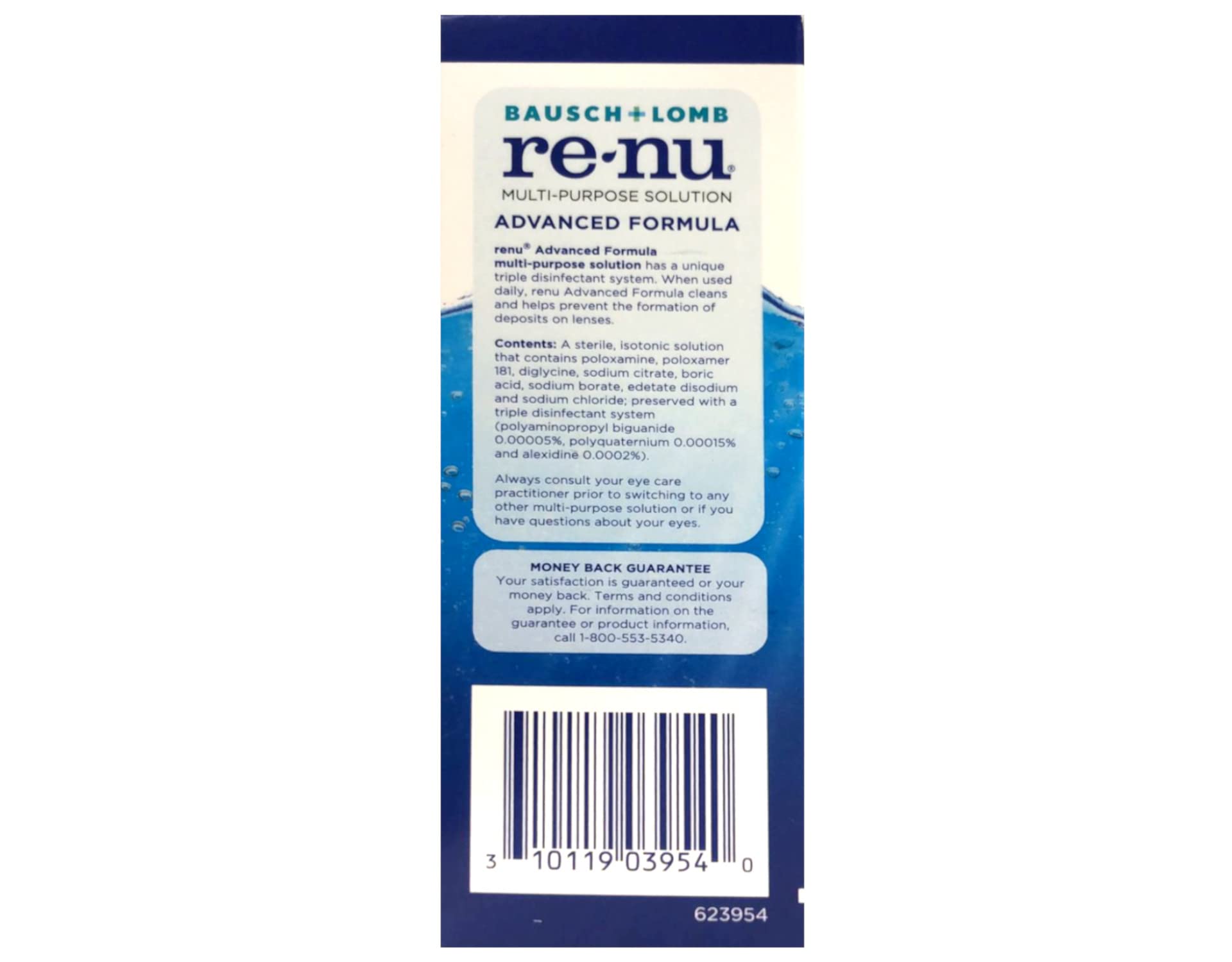 Close-up of Renu Fresh liquid showing clear formula for lens care.