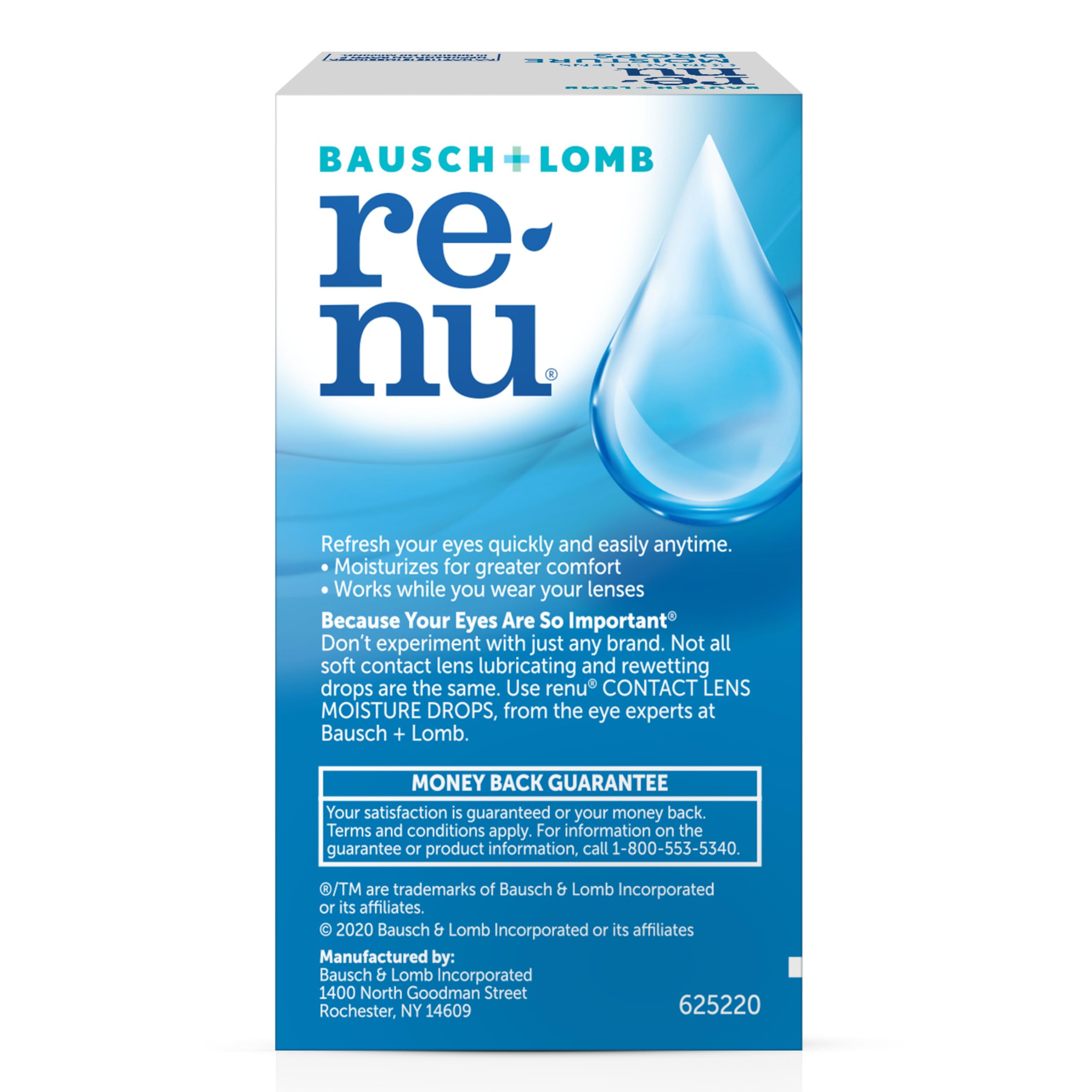 Renu eye drops applied during wear refresh lenses for comfort.