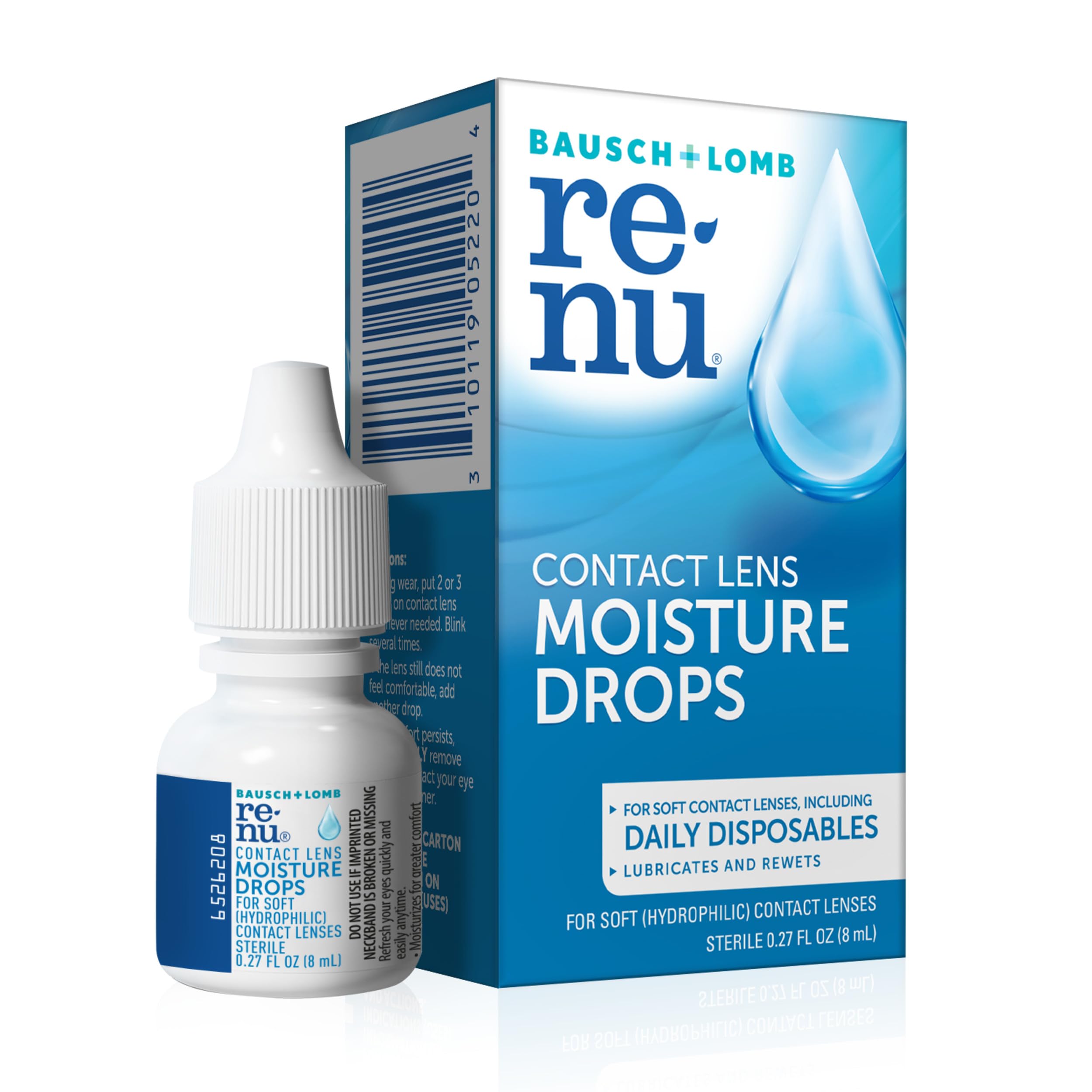 Renu Lubricant Eye Drops bottle with pour tip enables quick rewetting.