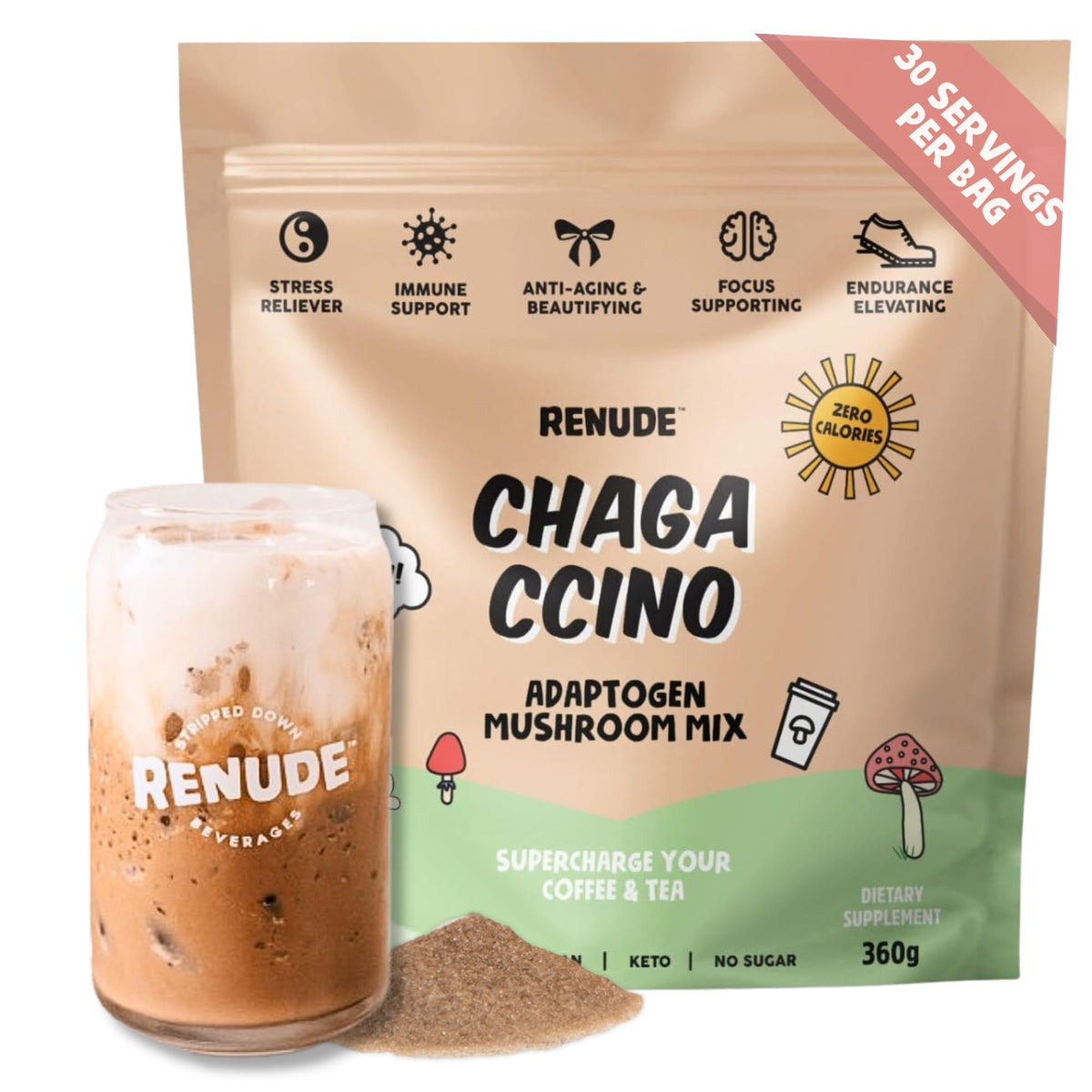 Renude Chagaccino powder packet ready for quick, zero-calorie energy in your latte.