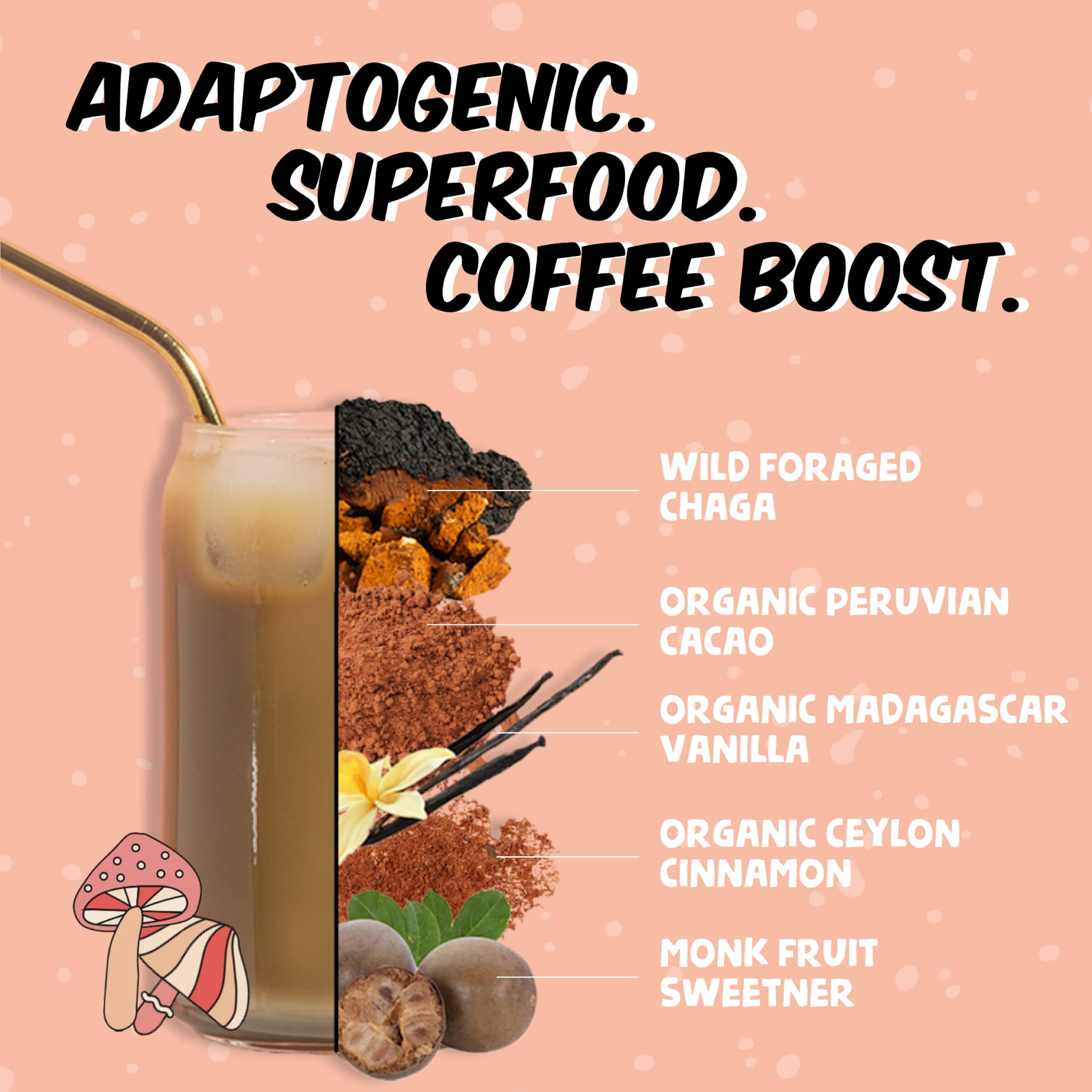Renude Chagaccino organic cacao dust highlighted for rich flavor and antioxidants.