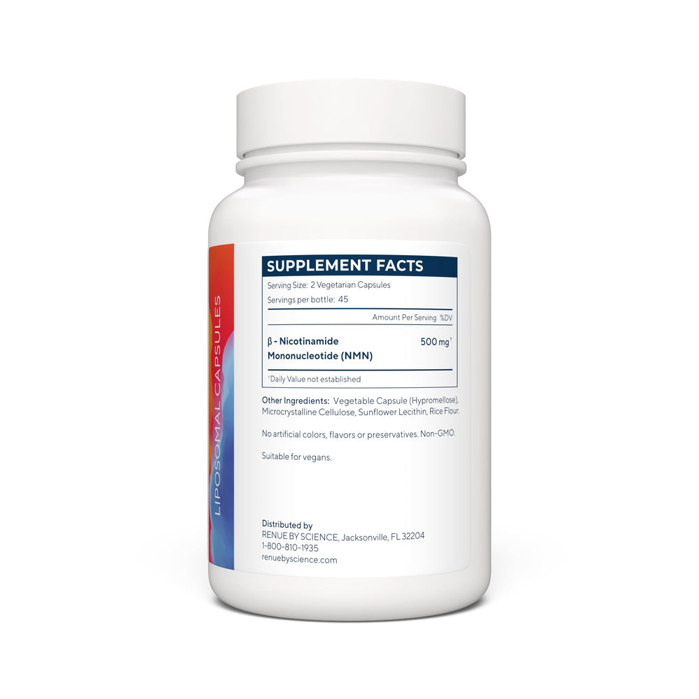 Renue By Science Lipo NMN capsules front view highlighting easy-to-swallow design