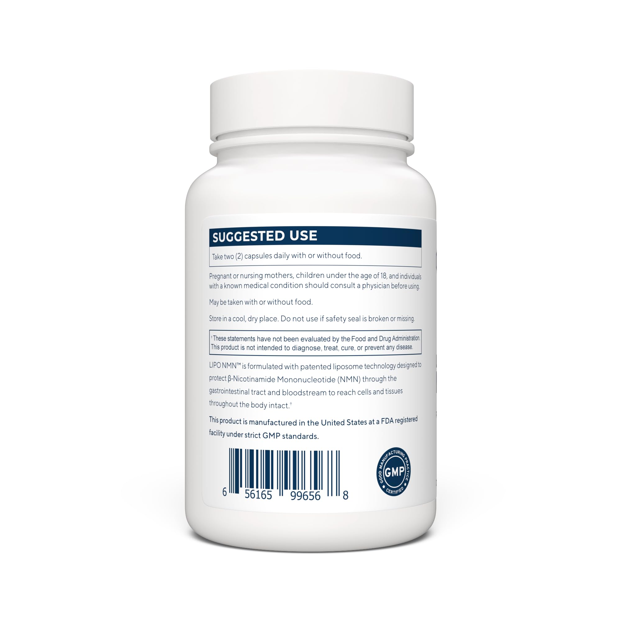 Renue By Science Lipo NMN capsules close-up displaying compact daily capsules
