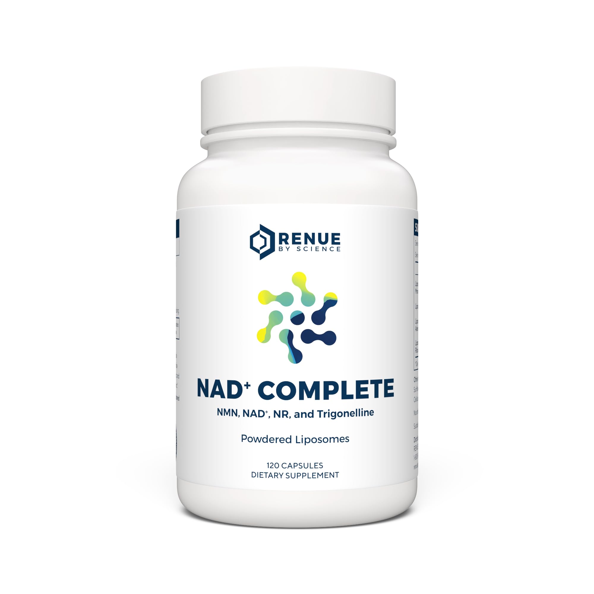 Renue By Science NAD+ Complete bottle closeup shows enhanced liposomal delivery for absorption.