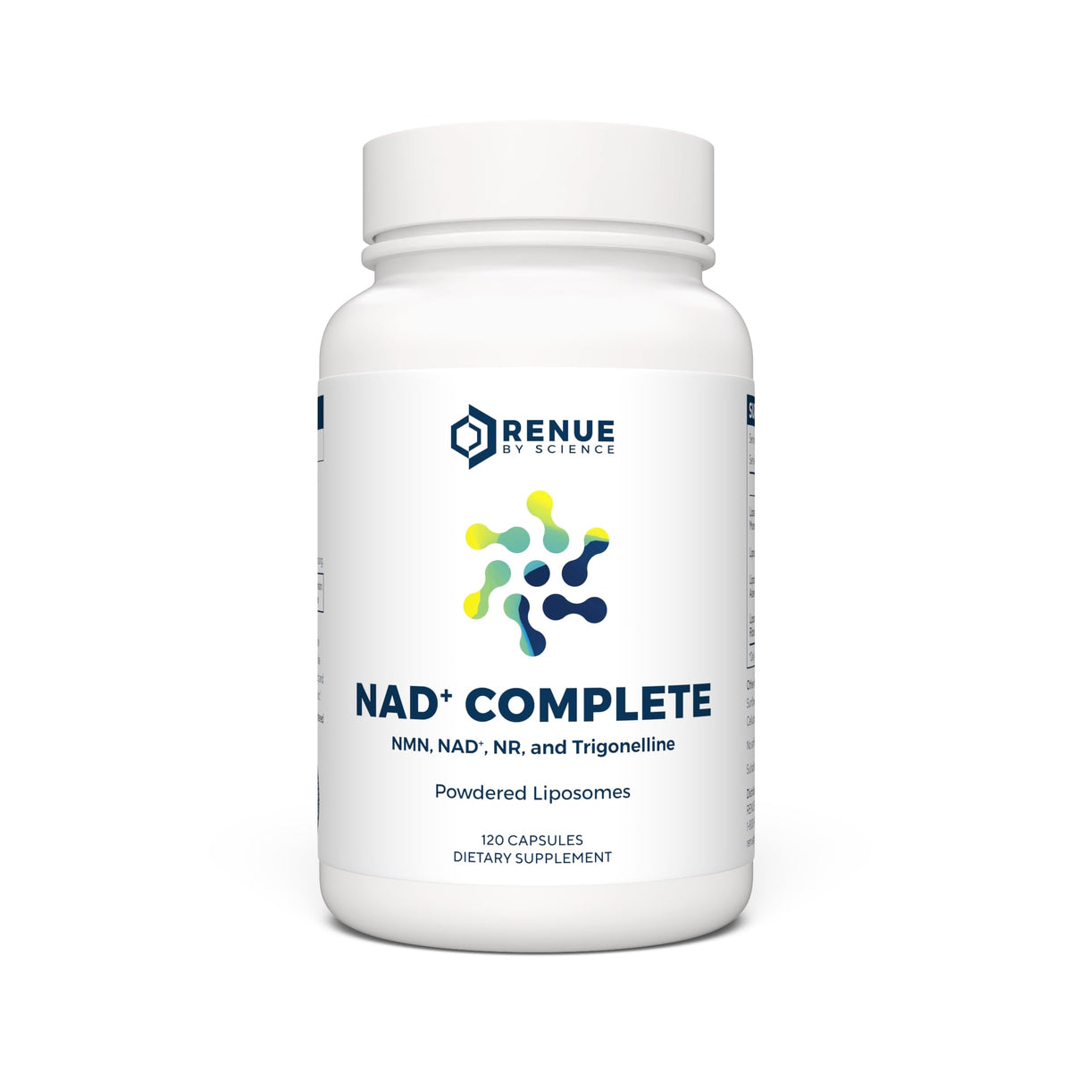 Renue By Science NAD+ Complete bottle closeup shows enhanced liposomal delivery for absorption.