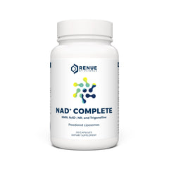 Renue By Science NAD+ Complete bottle closeup shows enhanced liposomal delivery for absorption.