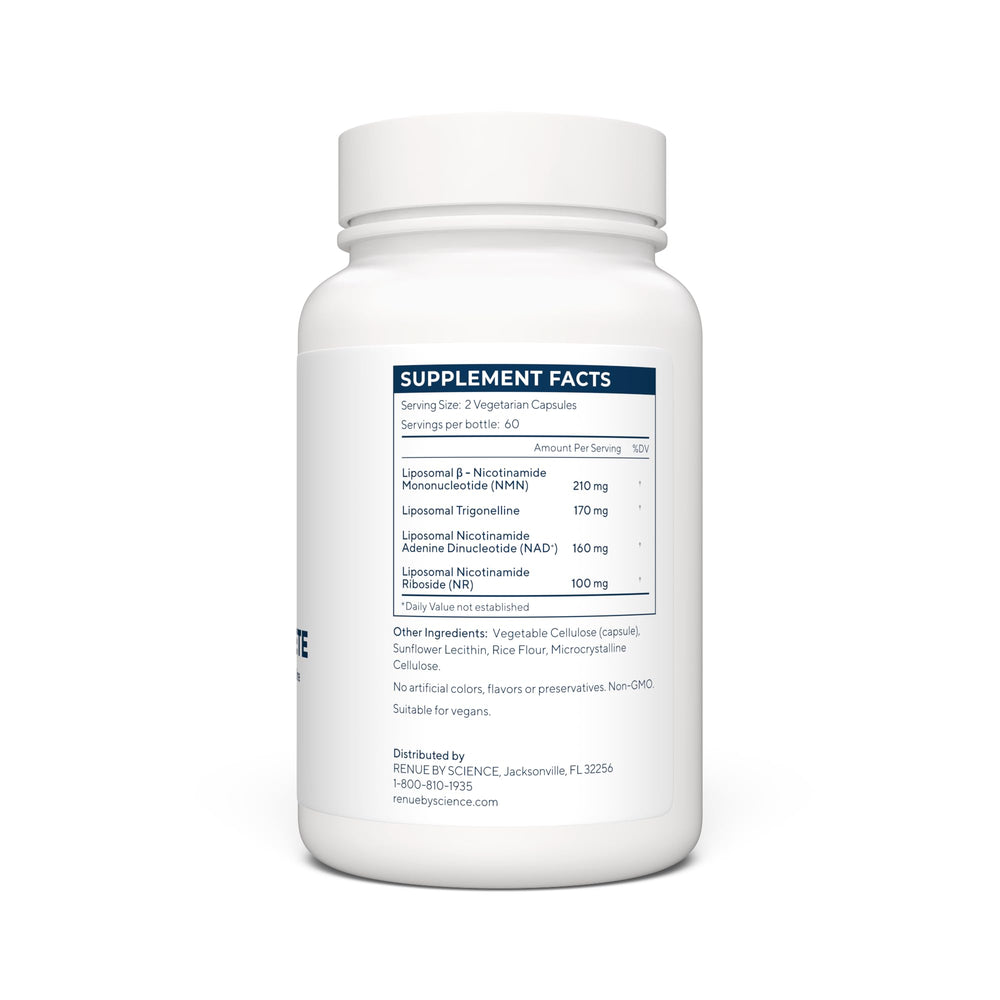 Renue By Science NAD+ Complete packaging box highlights premium quality and GMP standards.