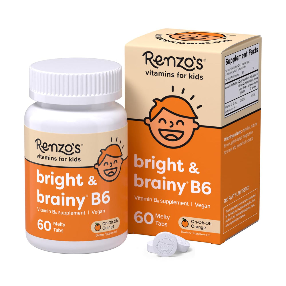 Renzo's Bright & Brainy vitamin B6 bottle-front for kids, showcasing the product packaging and label.