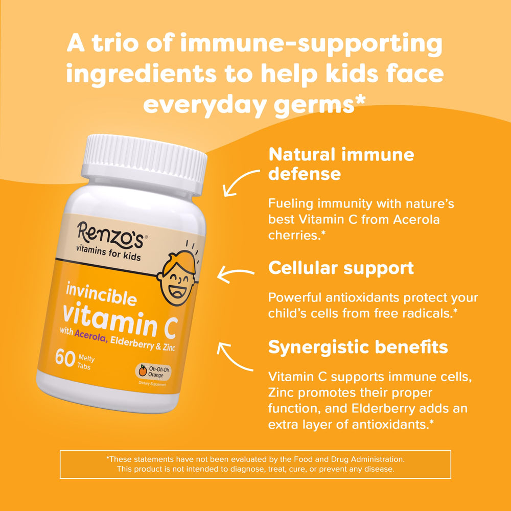 Renzo's Invincible elderberry zinc tablet close-up, kid-friendly supplement.