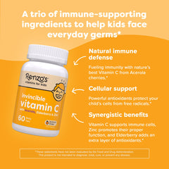 Renzo's Invincible elderberry zinc tablet close-up, kid-friendly supplement.