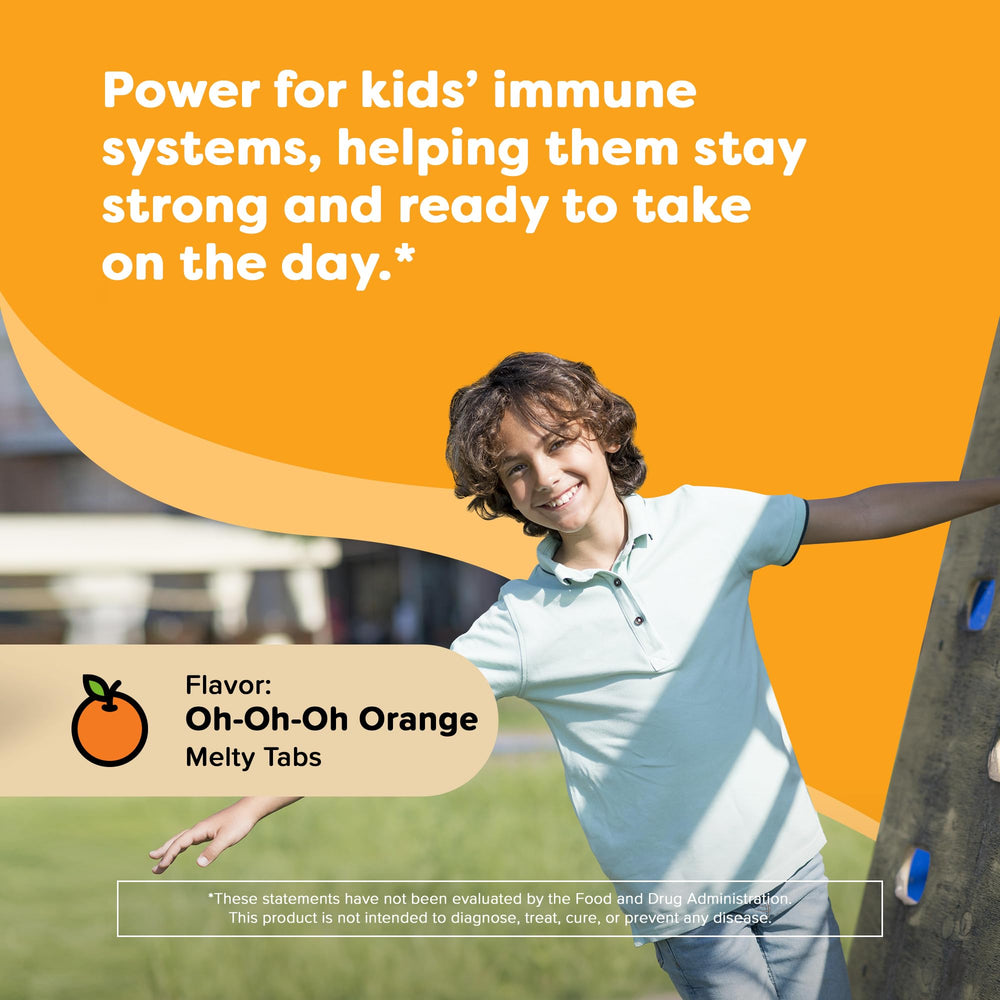 Close-up of Renzo's Invincible orange dissolvable tab for kids.