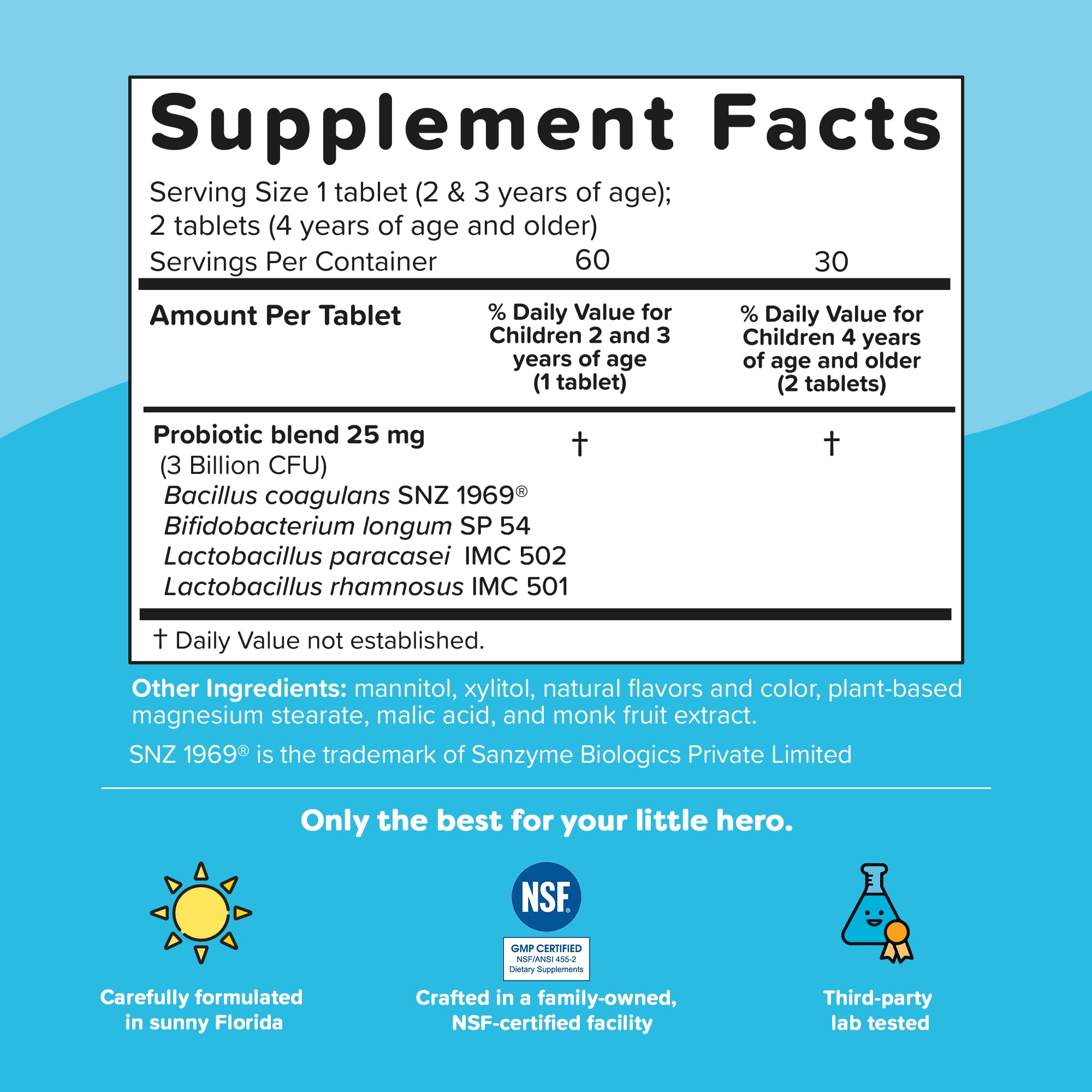 Cherry flavor label on Renzo's Kids Probiotic package communicates kid-approved taste.