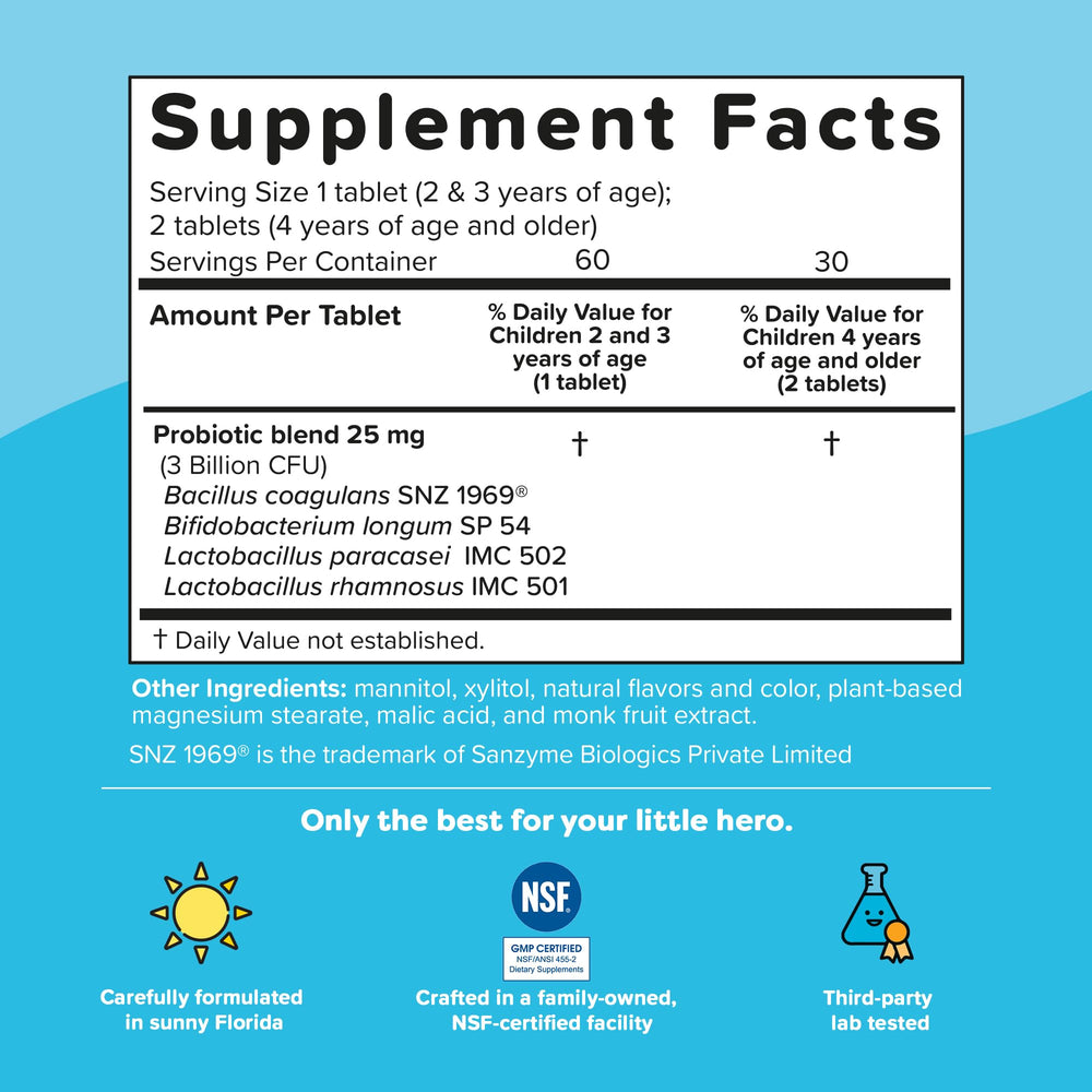 Cherry flavor label on Renzo's Kids Probiotic package communicates kid-approved taste.
