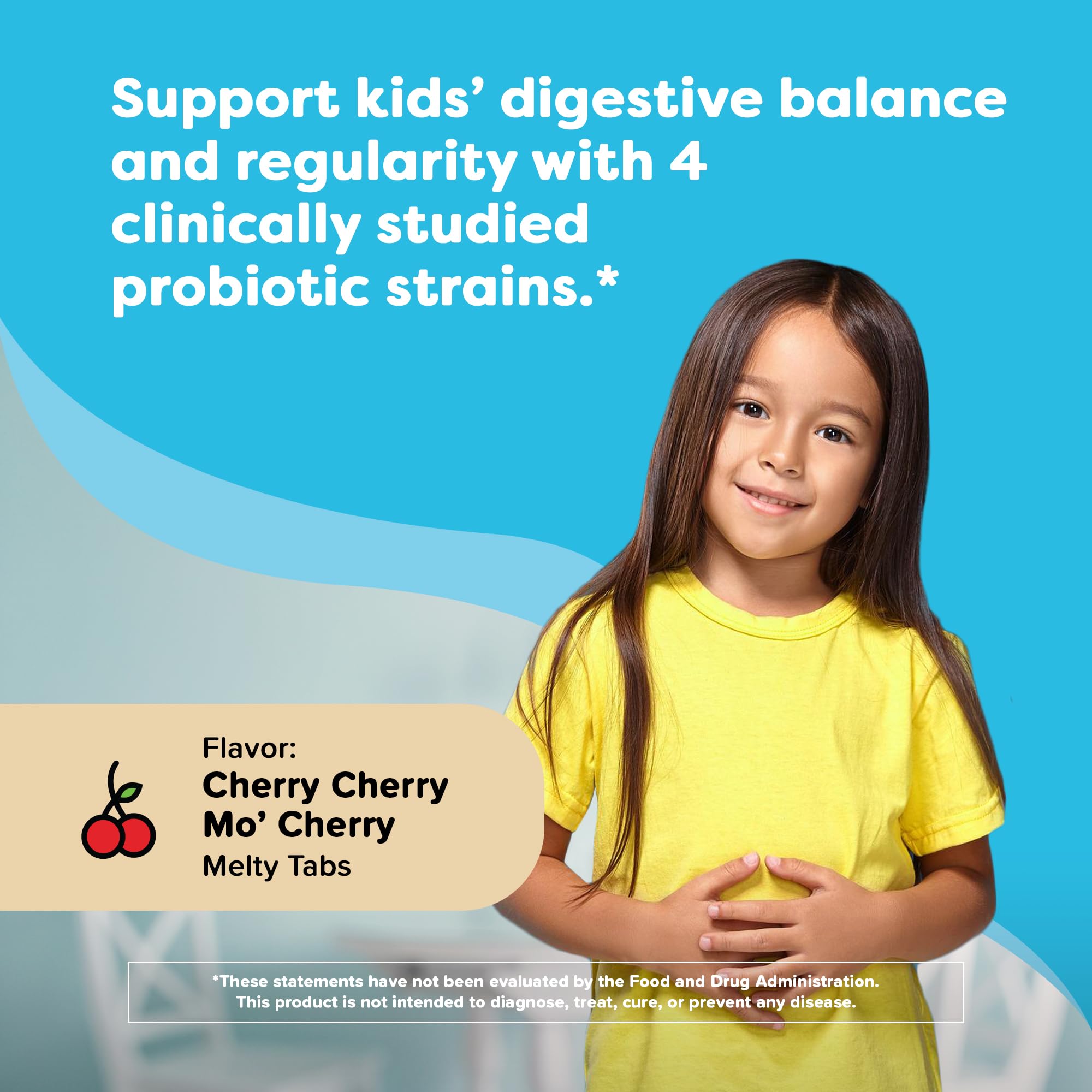 Renzo's Kids Probiotic Cherry flavor tabs dissolving on tongue for tasty daily use.