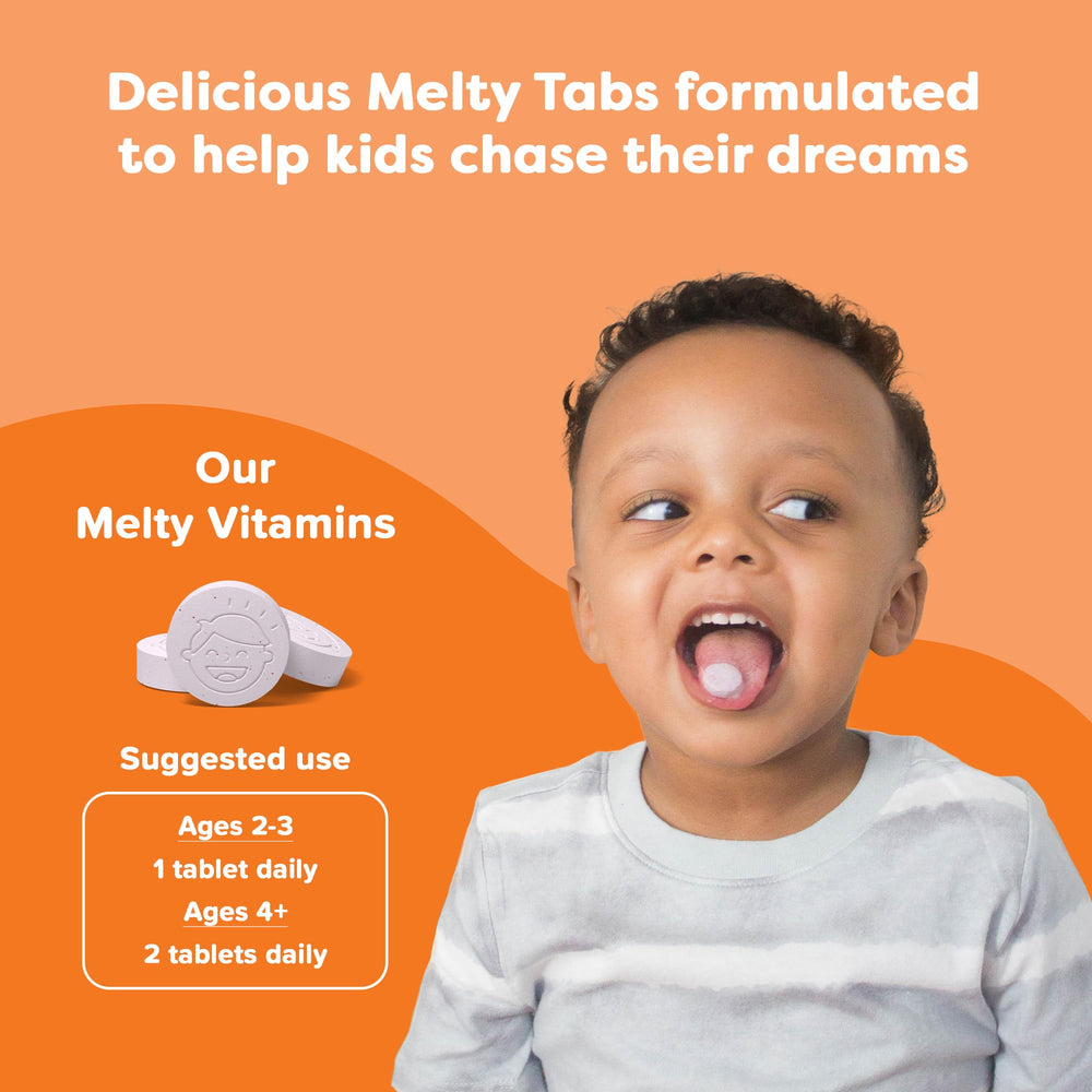 Melt-tabs on a child's tongue, illustrating fast-melting texture for easy consumption.