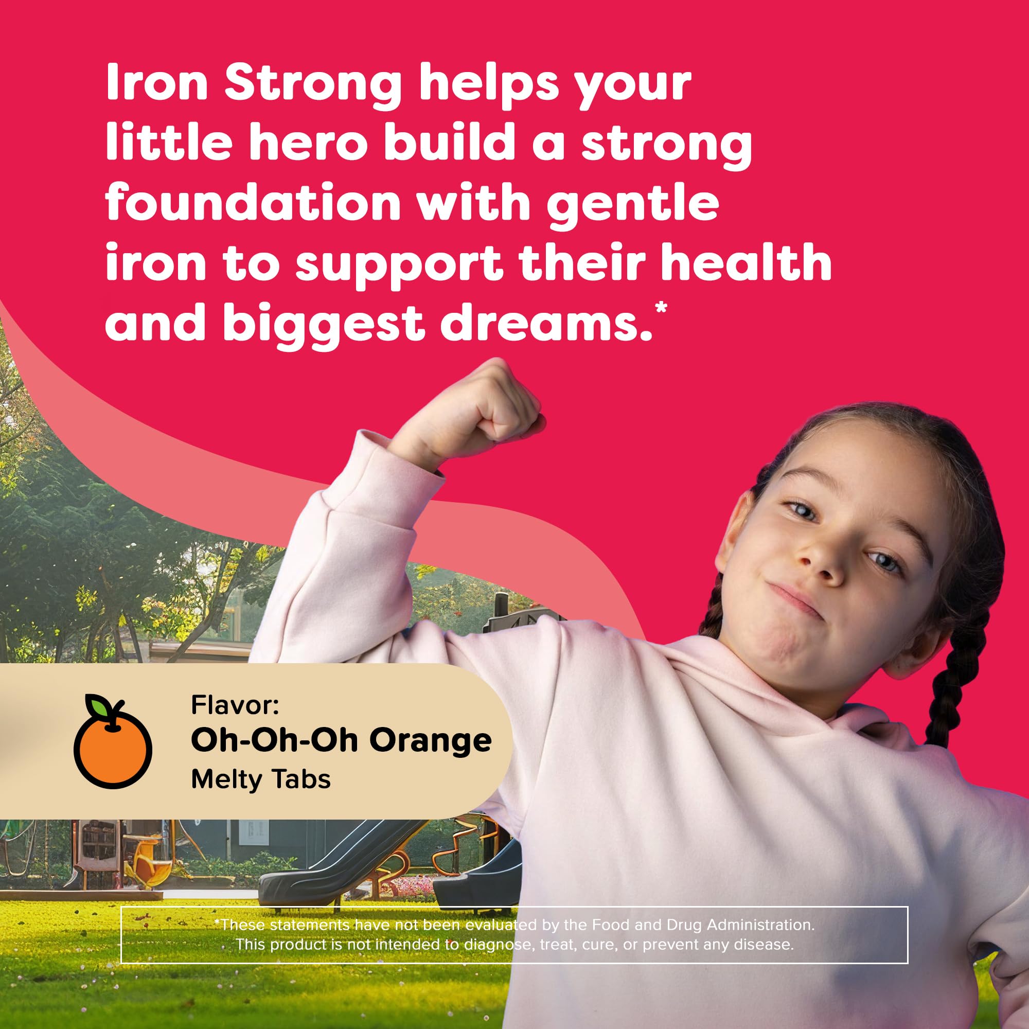 Renzo's orange-flavor iron dissolving tablet, tasty daily support for kids.