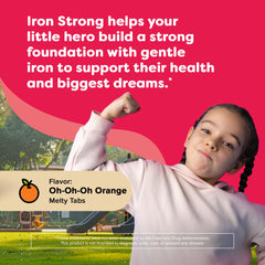 Renzo's orange-flavor iron dissolving tablet, tasty daily support for kids.
