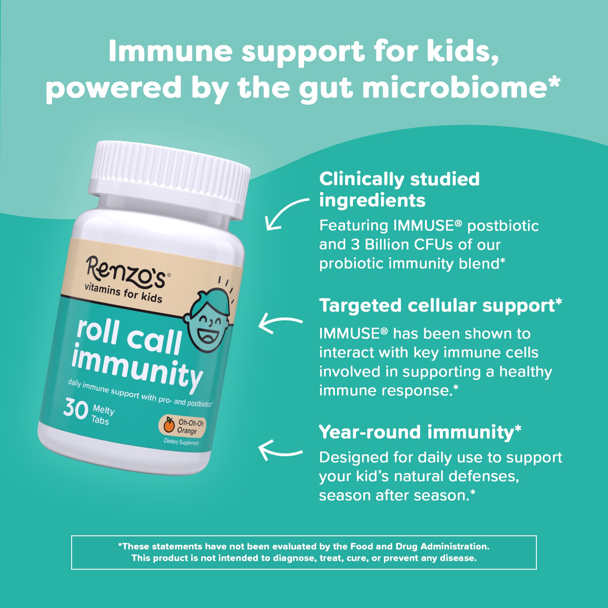 Renzo's Roll Call Immunity kid holding the melty tab for a daily dose