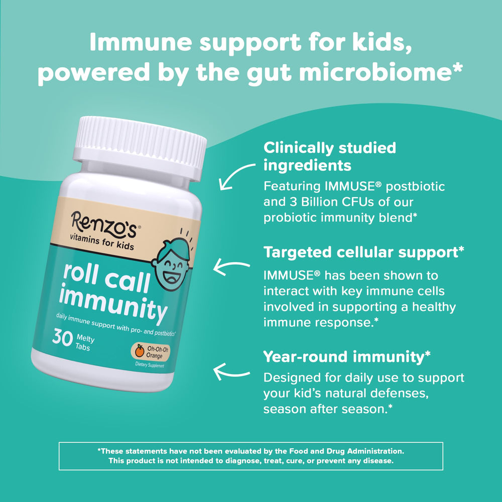 Renzo's Roll Call Immunity kid holding the melty tab for a daily dose