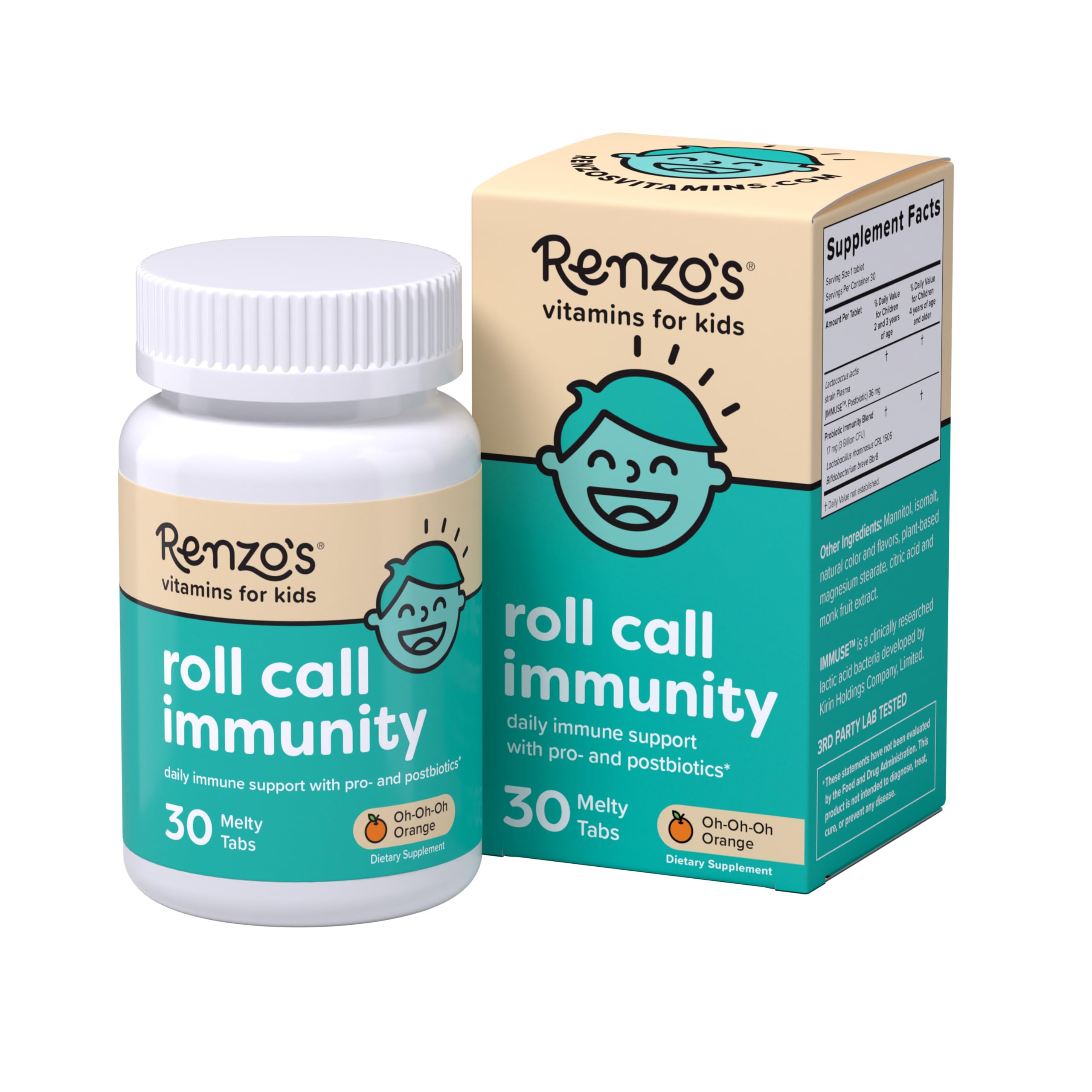 Renzo's Roll Call Immunity orange melty tab close-up showing kid-friendly daily support