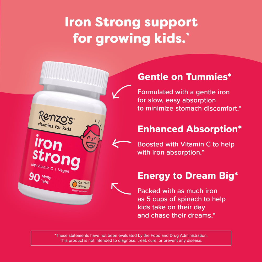 Renzo's vitamin C-enriched iron, supports gentle absorption for children.