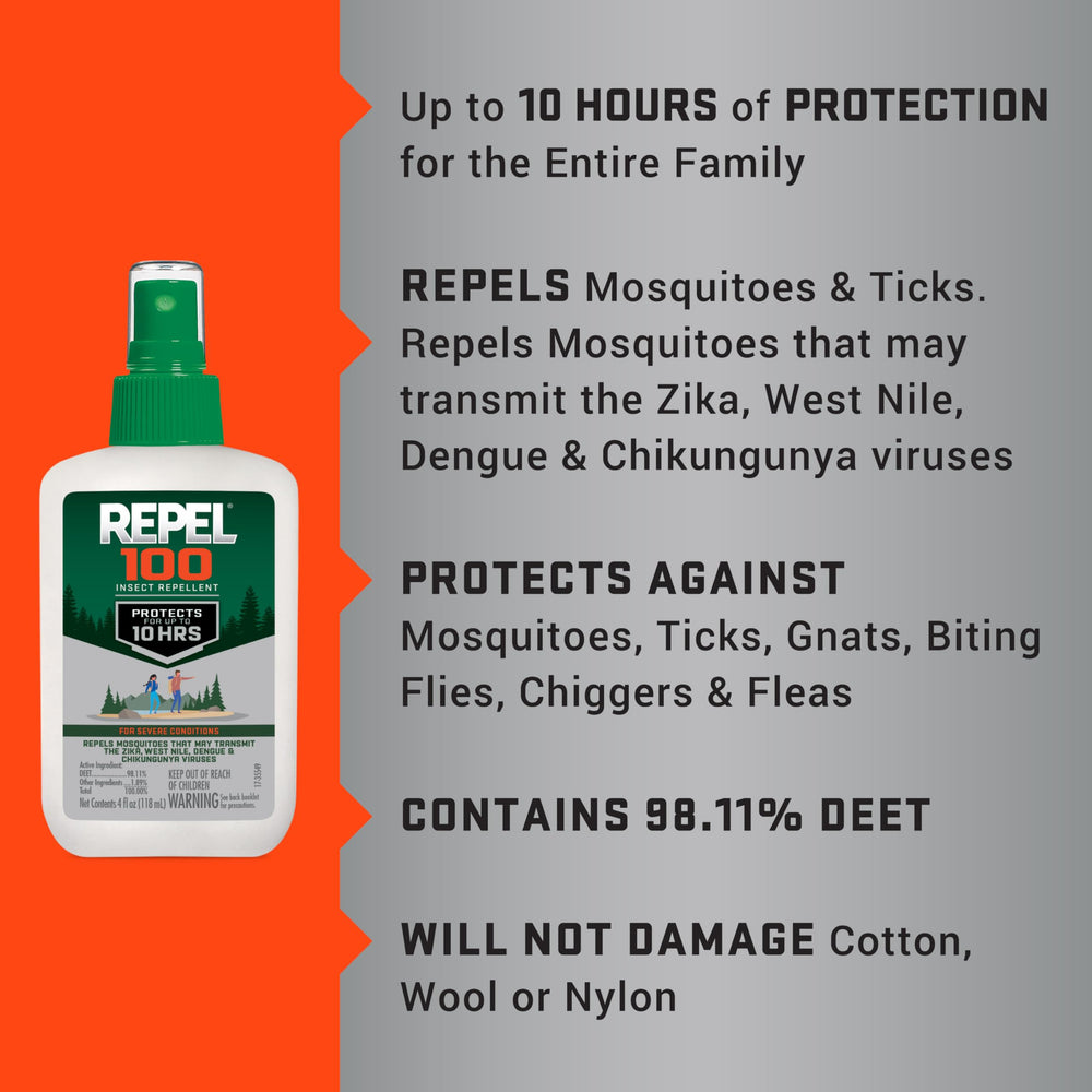 Camping scene with Repel 100 bottle beside gear.