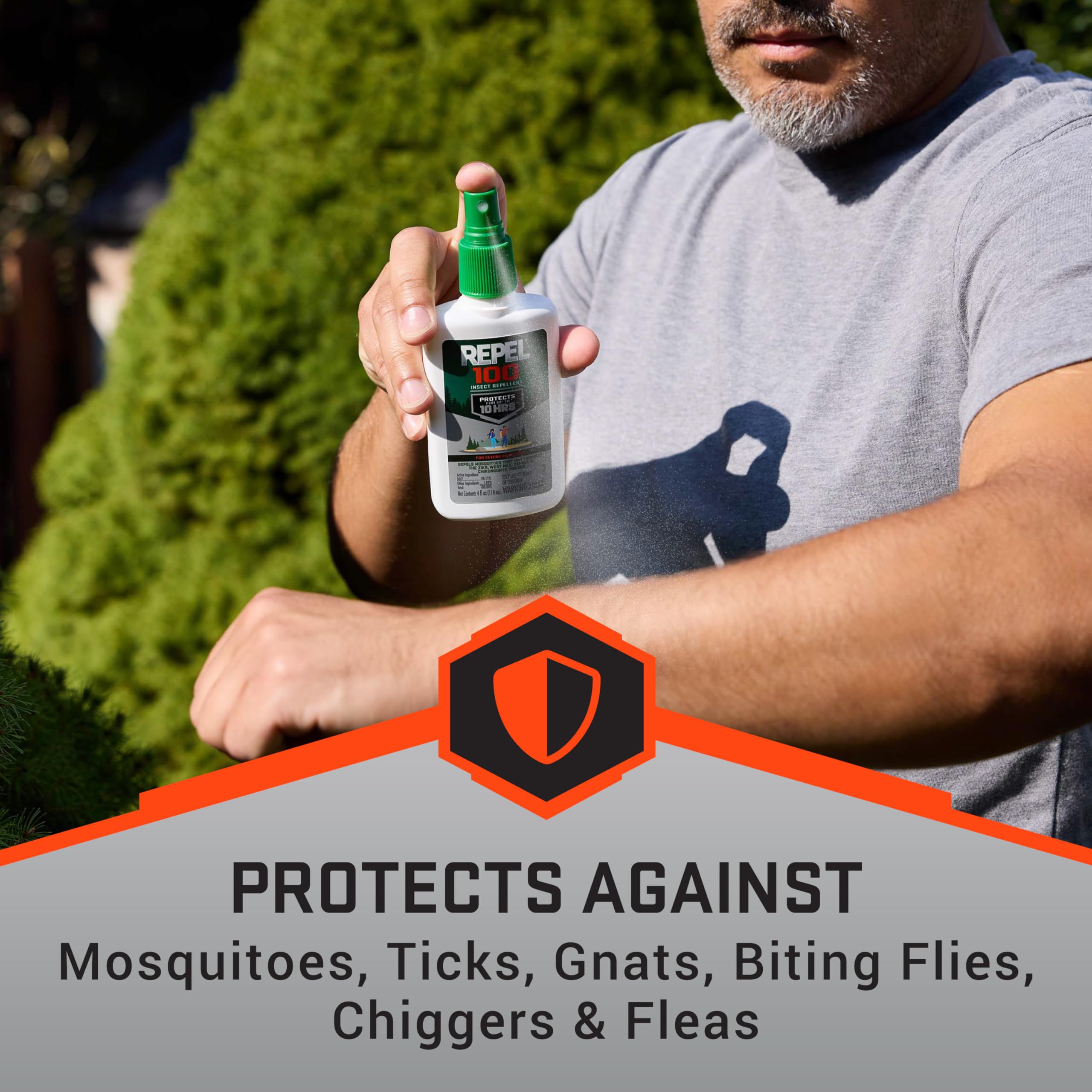 Repel 100 label close-up highlighting high DEET content.