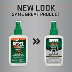 Repel 100 label detail shows DEET concentration on packaging.