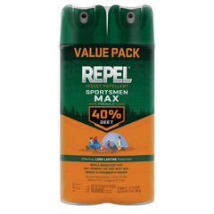 Repel Sportsmen Max 40% DEET aerosol can front view for rugged outdoor protection.