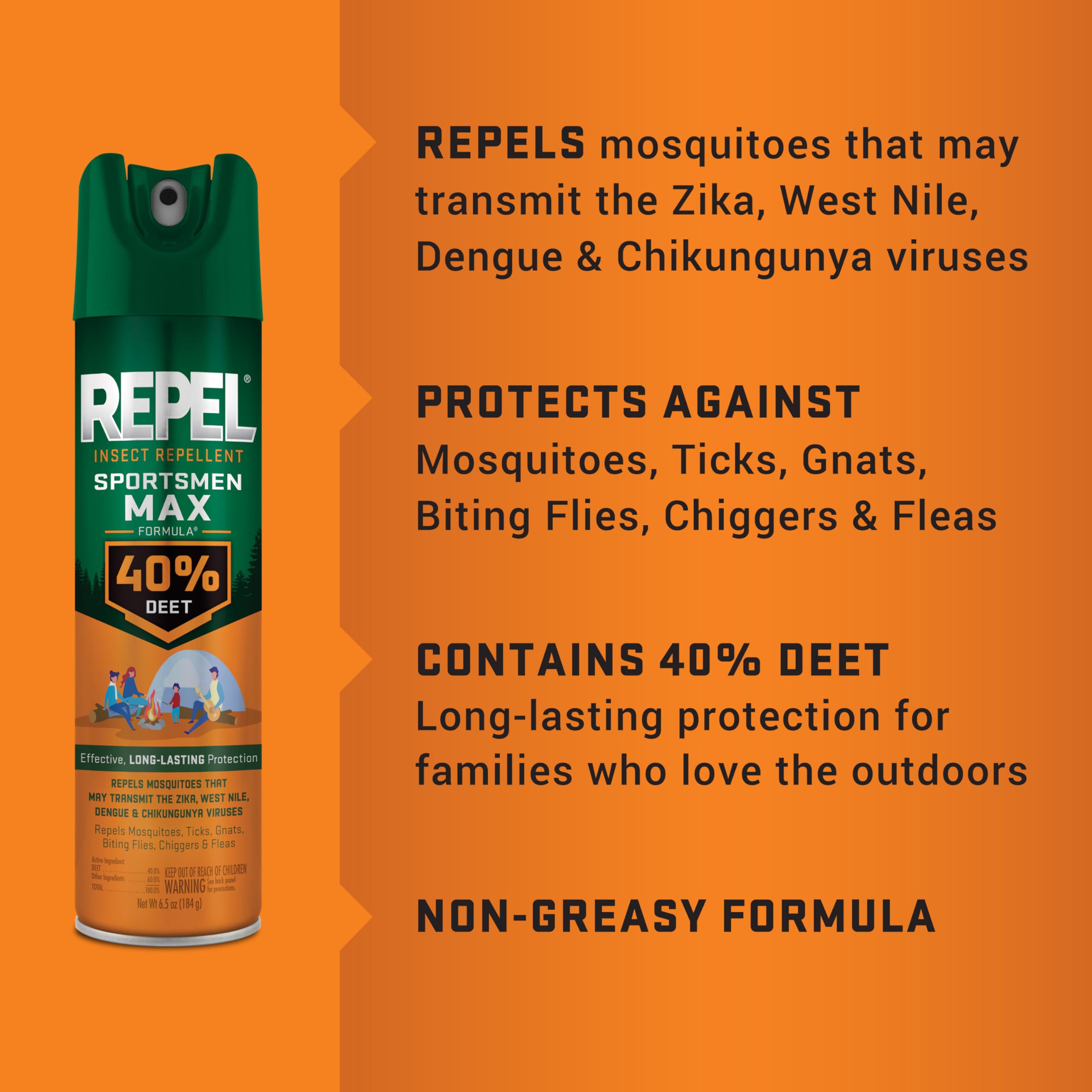 Repel Sportsmen Max 40% DEET in forest setting supports camping protection.
