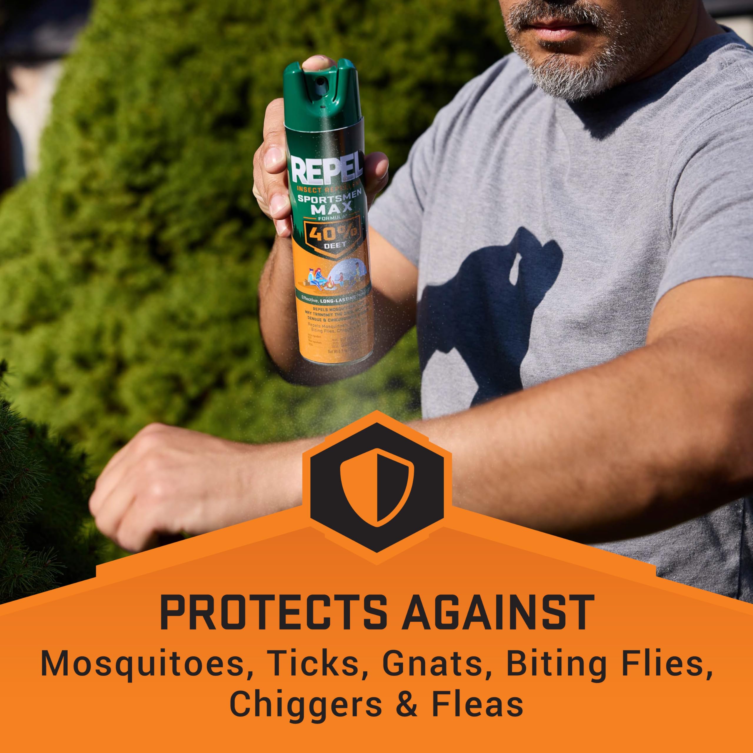 Applying Repel Sportsmen Max spray on skin for outdoor use