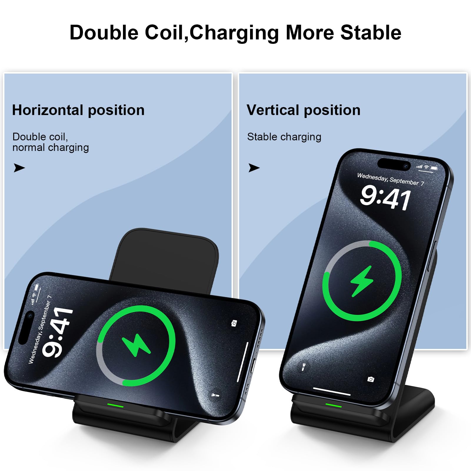 Repind Samsung wireless charger stand side view showing sleek, space-saving charging on a desk.