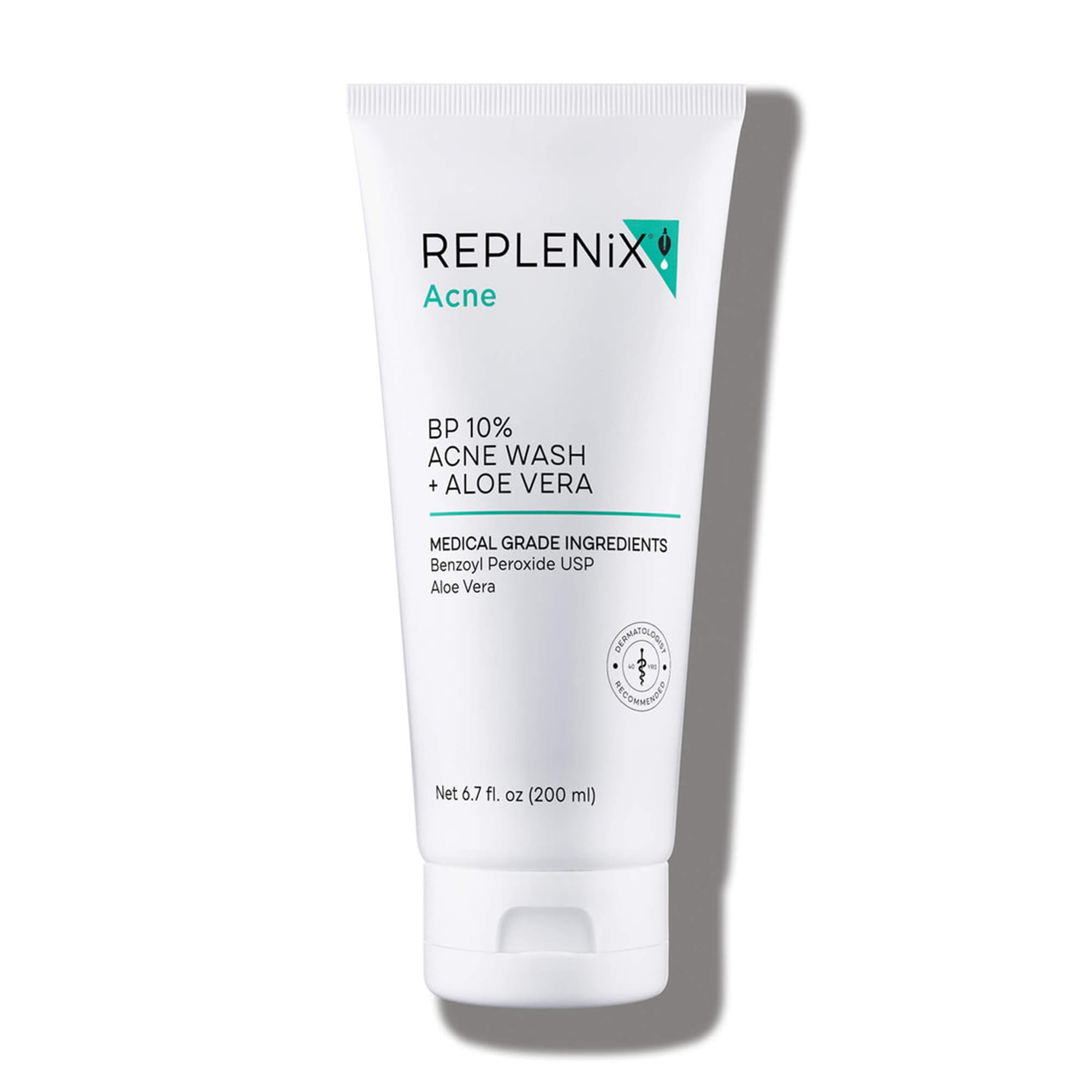 Replenix benzoyl peroxide face wash bottle front view for clearer skin