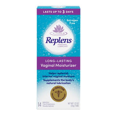 Replens bottle label closeup highlights fragrance-free formula for sensitivity.