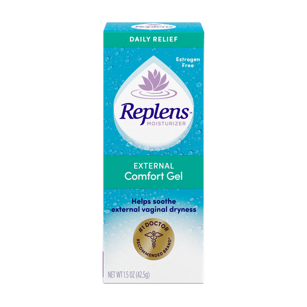 Replens External Comfort Gel bottle for soothing external vaginal dryness.