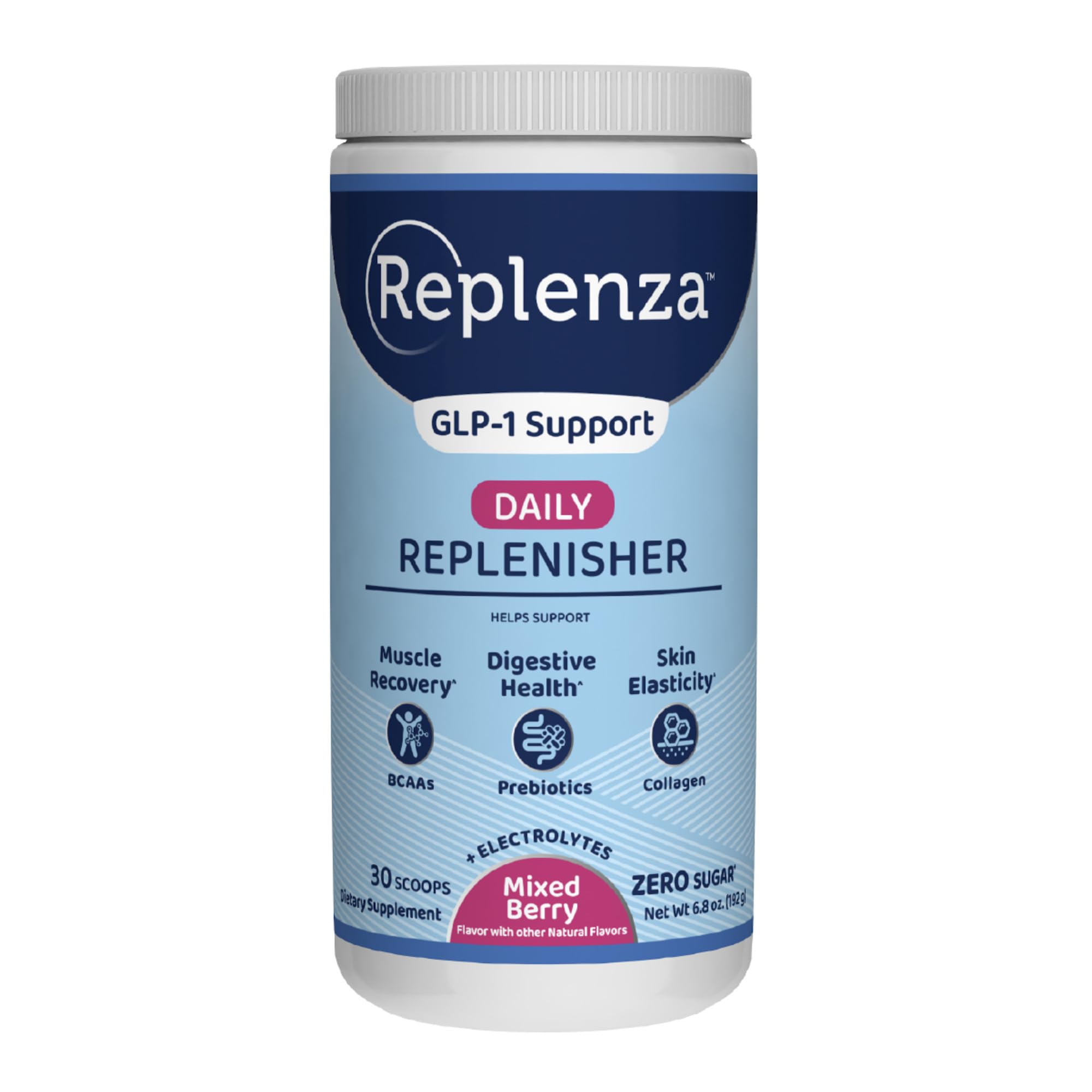 Replenza Daily Replenisher bottle front view with mixed berry flavor for hydration support.