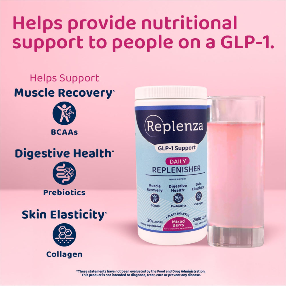Replenza Daily Replenisher mixed berry shake in glass shows refreshing flavor and mixability.