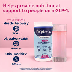 Replenza Daily Replenisher mixed berry shake in glass shows refreshing flavor and mixability.