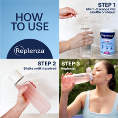 Replenza Daily Replenisher powder jar close-up highlighting amino acids for recovery.