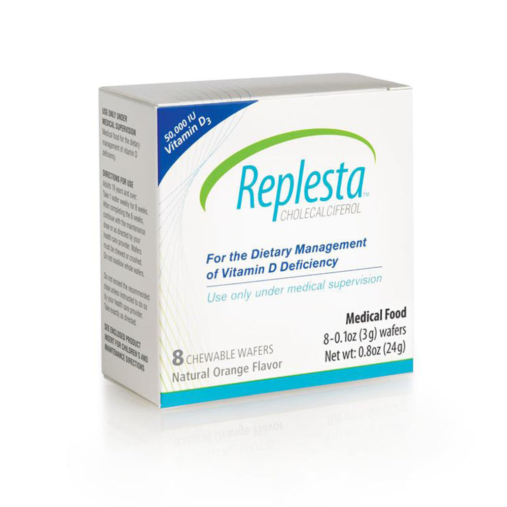 Replesta 50,000 IU D3 chewable wafer front view for convenient weekly vitamin D support.