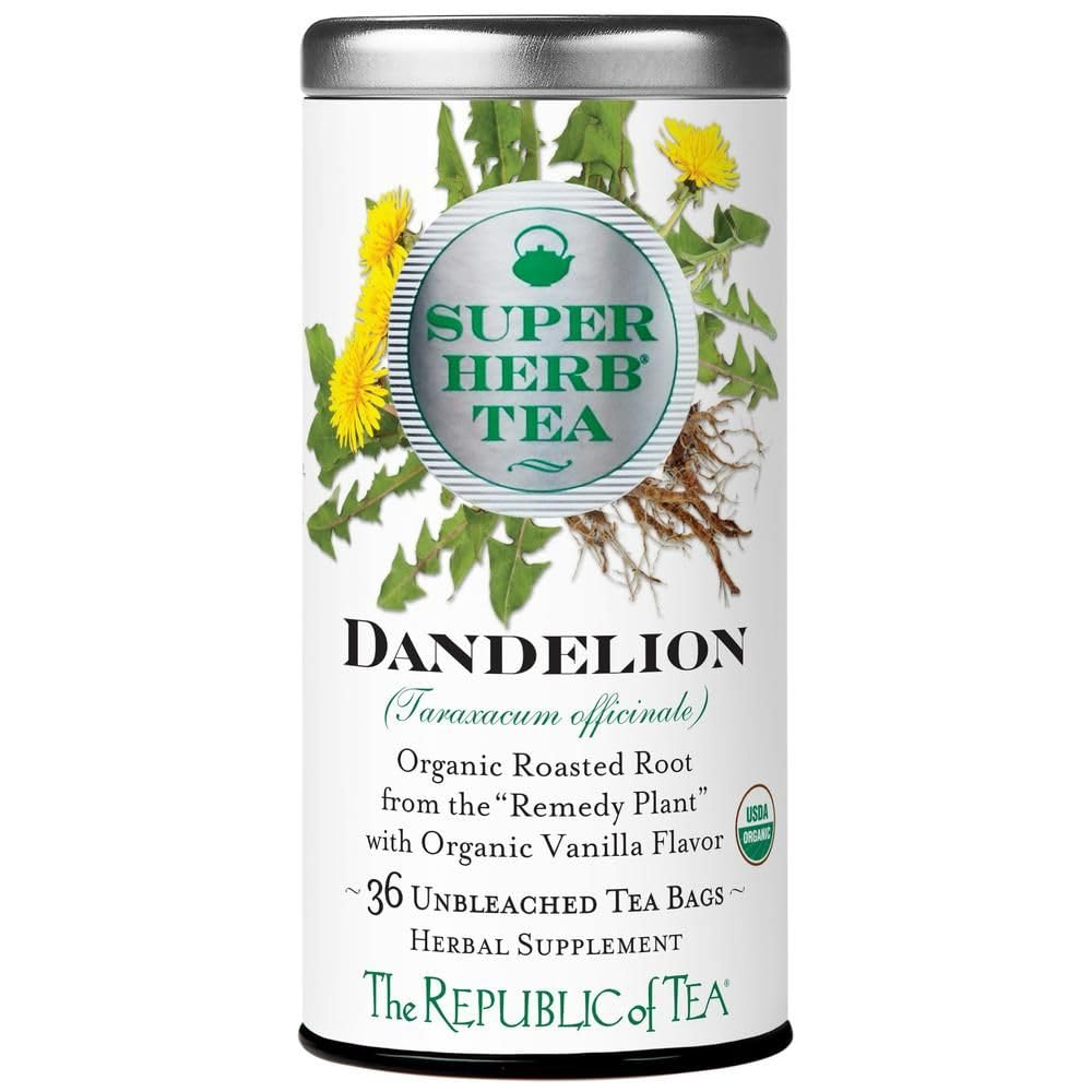 The Republic of Tea Dandelion SuperHerb tea tin for a warm, caffeine-free ritual.