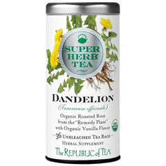 The Republic of Tea Dandelion SuperHerb tea tin for a warm, caffeine-free ritual.