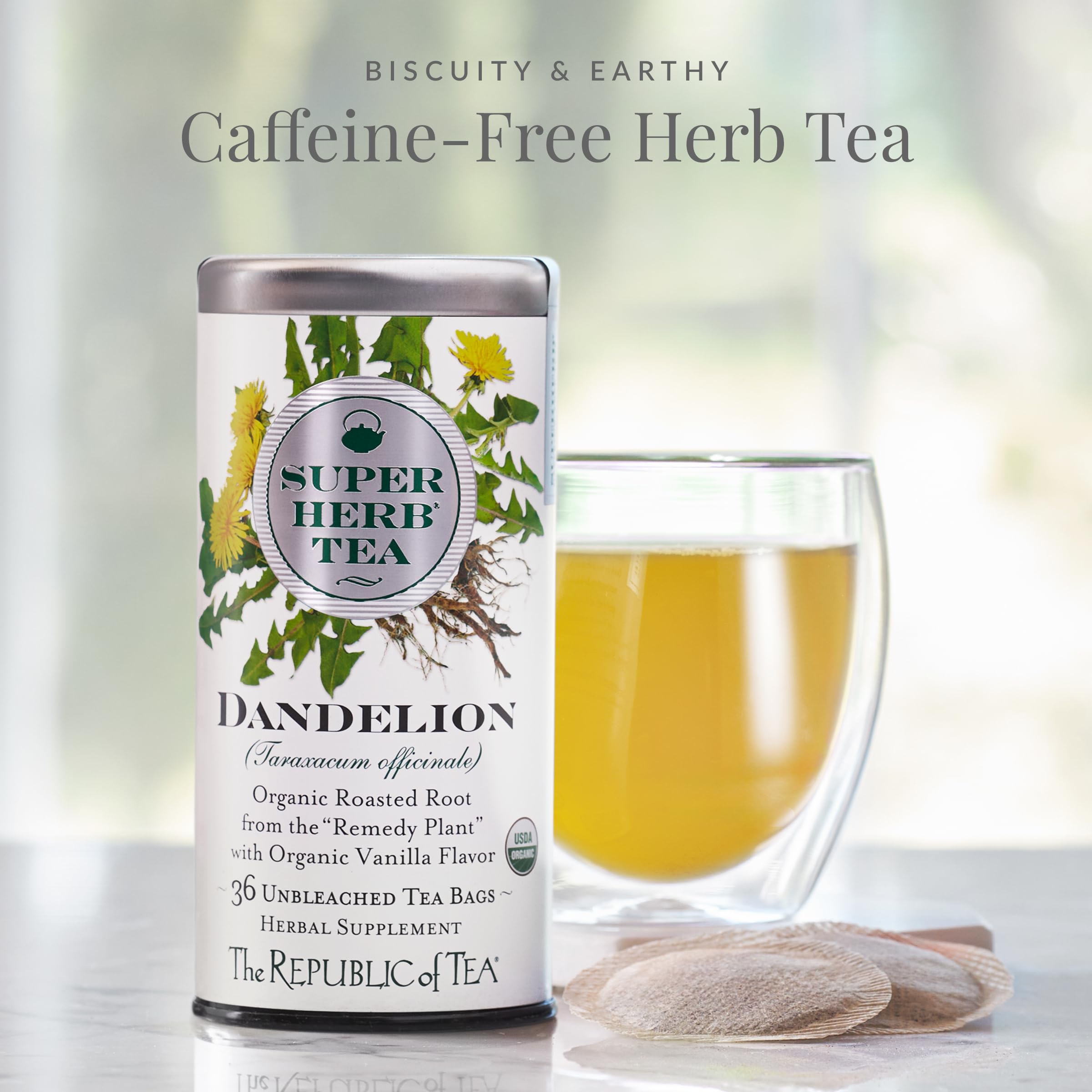 The Republic of Tea dandelion tea bags in pack, a caffeine-free daily brew.