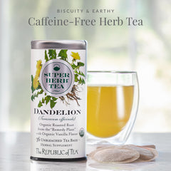 The Republic of Tea dandelion tea bags in pack, a caffeine-free daily brew.